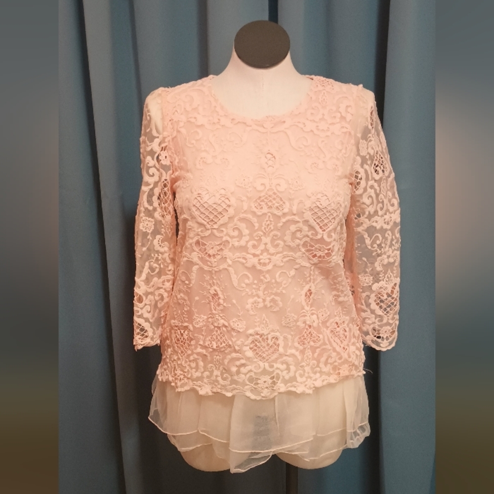 Simply Couture Pink Blush Lace Top with Sheer Mesh Trim